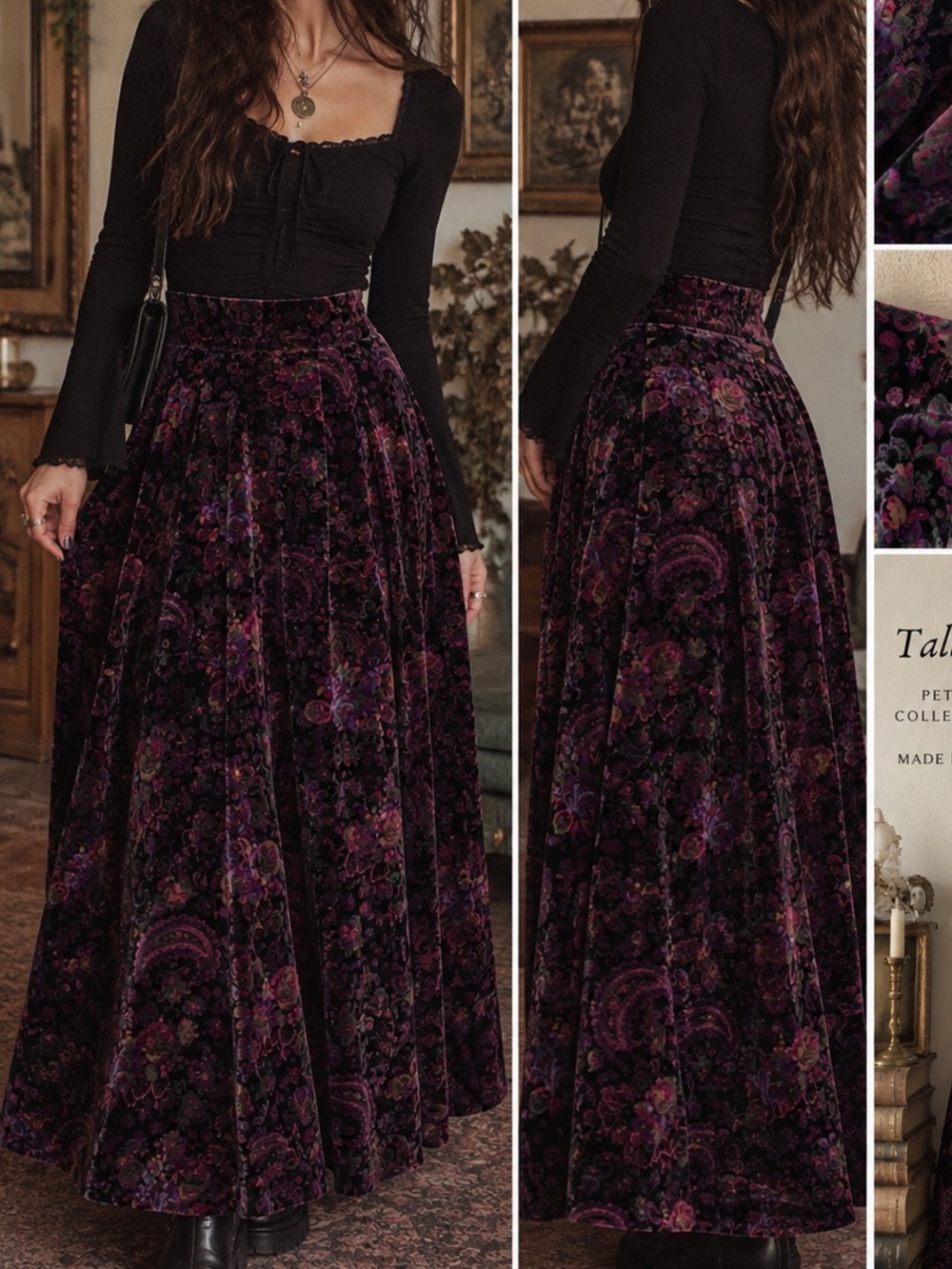 Vintage Talbots Velvet Floral Paisley Maxi Skirt 2 Witchy High Wasted Whimsigoth
